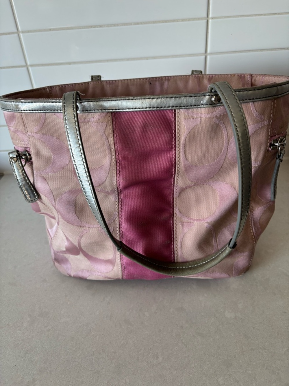 Y2K Coach Pink Signature Monogram Stripe Tote with Metallic Trim & Side Zippers